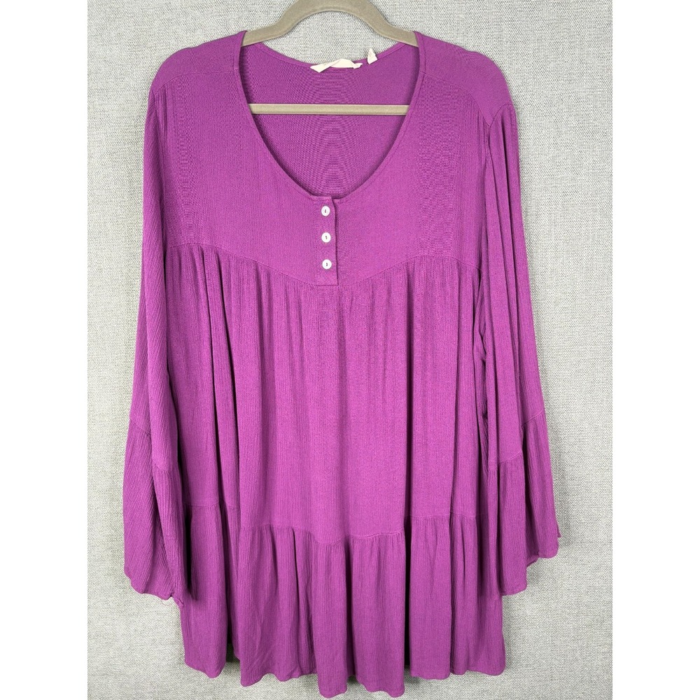 Soft Surroundings Top Womens 1X Purple Tiered Bell Sleeve Henley Pullover Boho